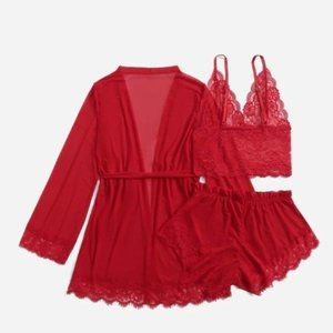 3 Piece Mesh Lingerie Set with Robe and Belt
